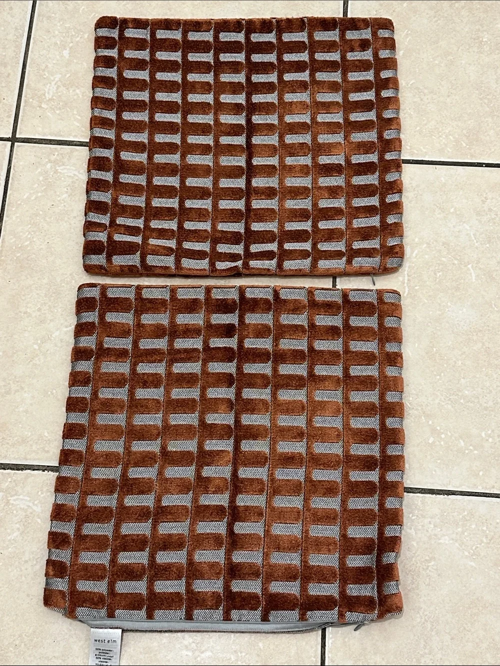 West Elm Rust Orange Checkered Velvet Accent Pillow , Set of 2